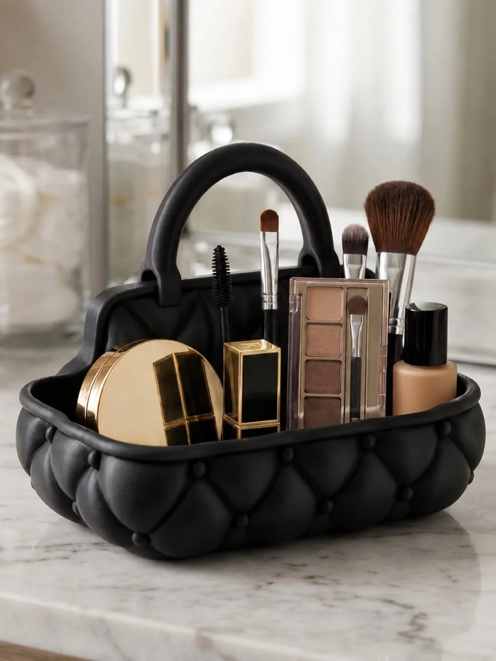 Quilted Black Makeup Caddy Organizer with Handle